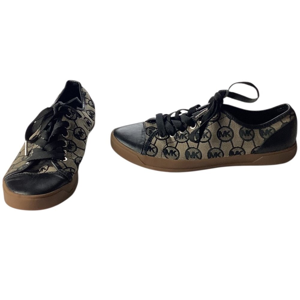 Michael Kors Womens MK Logo Monogram City Sneakers Sz 8M Black & Tan Rubber Sole